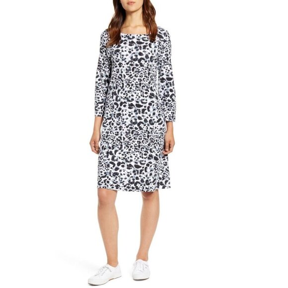 Tommy Bahama Shift Dress Medium Black Leopard White Scoop Neck Stretch - Picture 1 of 9